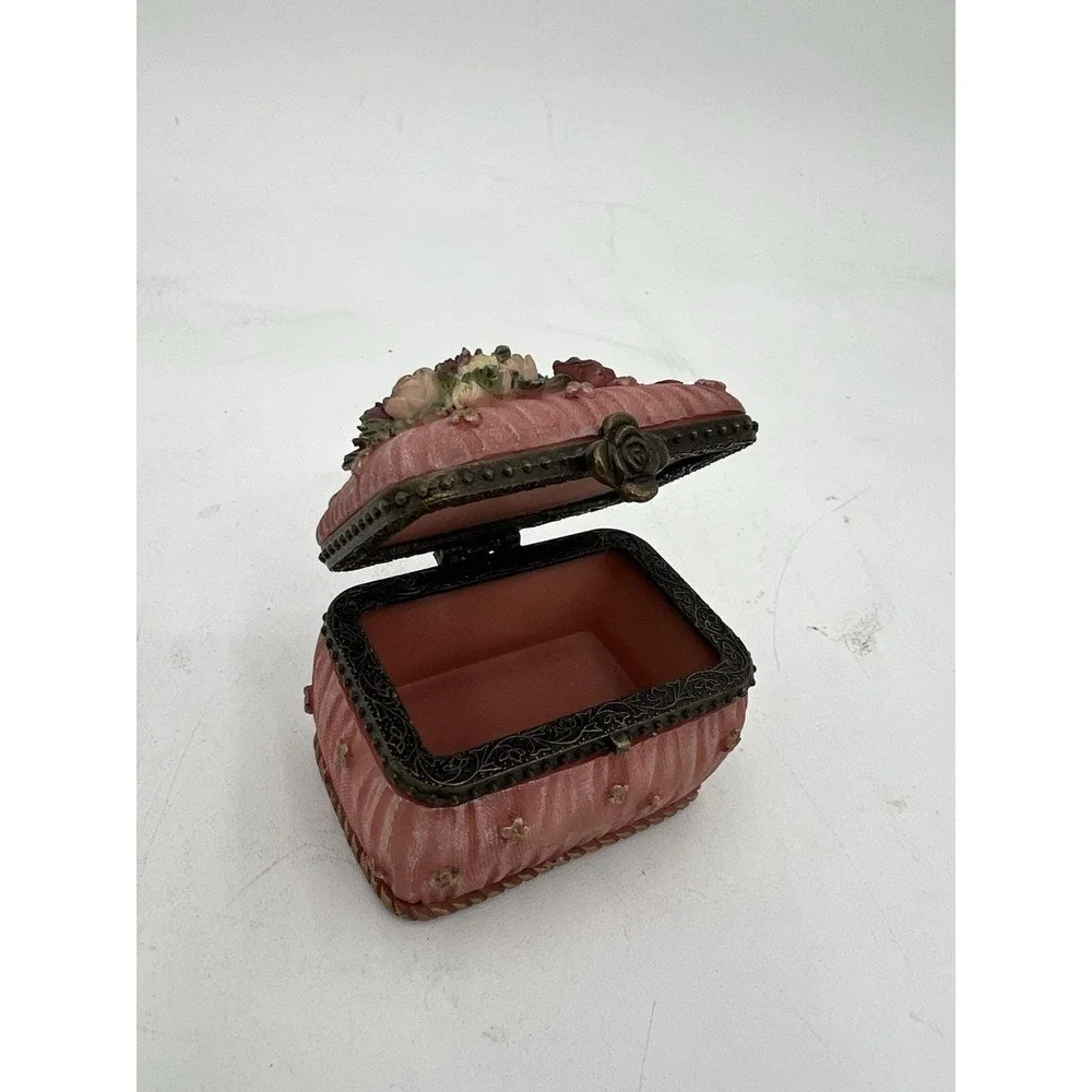 Pink Floral Decorative Trinket Box with Hinged Lid Collectible